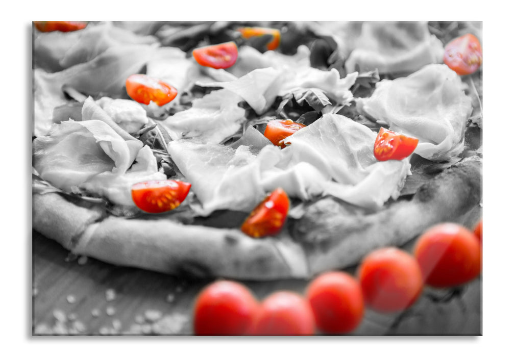 Pixxprint Pizza mit Schinken und Tomaten, Glasbild