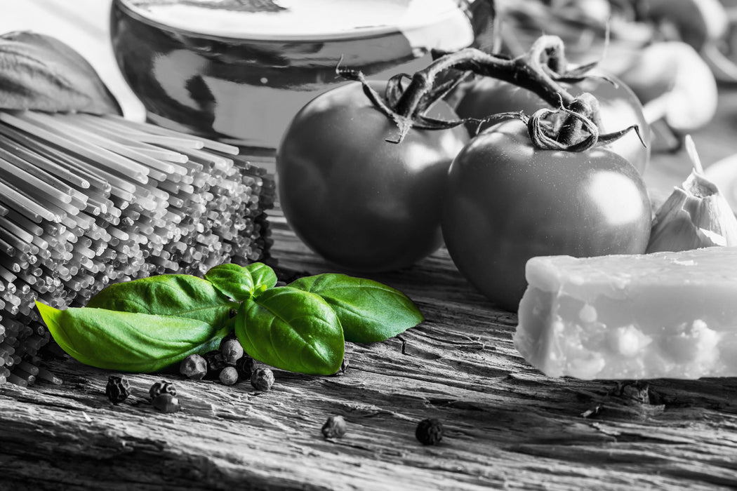 Spaghetti mit Tomaten und Parmesan, Glasbild