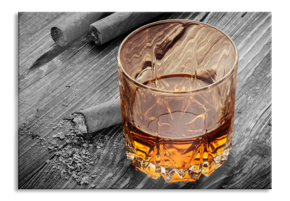 Pixxprint Zigarren hinter Whiskeyglas, Glasbild