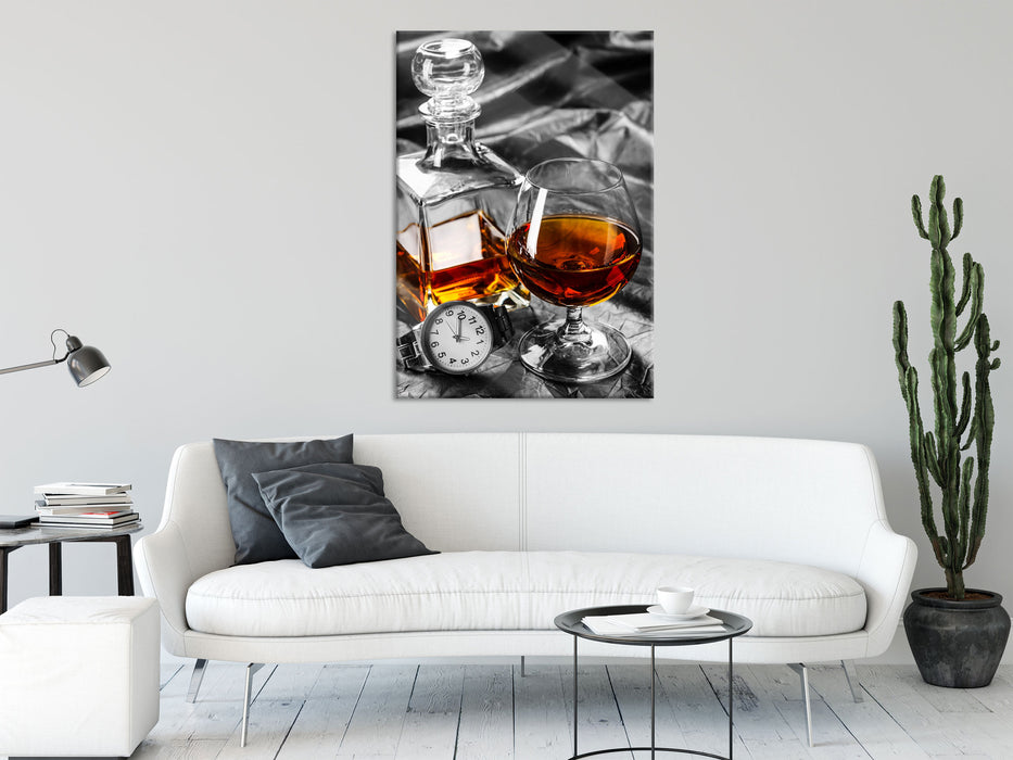 Man Things mit Whiskey und Uhr, Glasbild