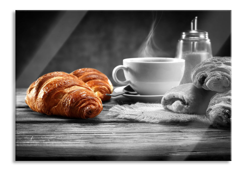 Pixxprint Croissants mit frischem Kaffee, Glasbild