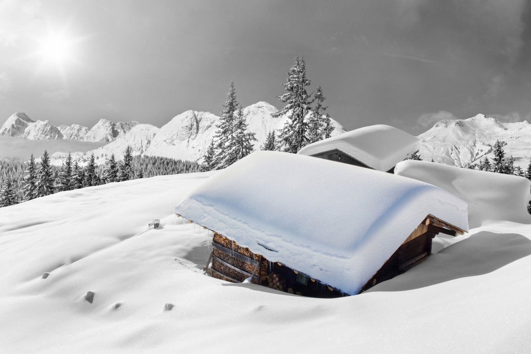 Berghütten in den Alpen, Glasbild