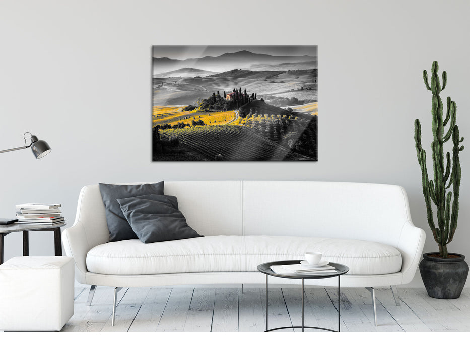 Toskana Landschaft mit Feldern, Glasbild