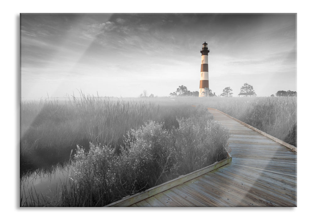 Pixxprint schöner Leuchtturm mit Steg, Glasbild