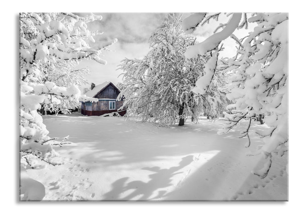 Pixxprint Hütte in schöner Winterlandschaft, Glasbild