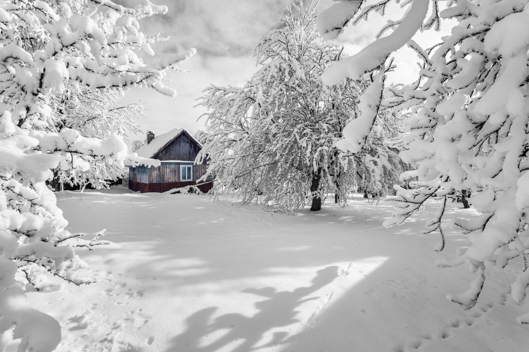 Hütte in schöner Winterlandschaft, Glasbild
