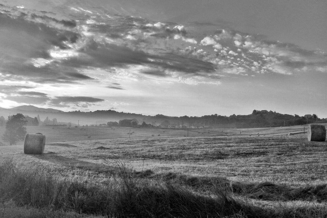 Feld mit Heuballen, Glasbild