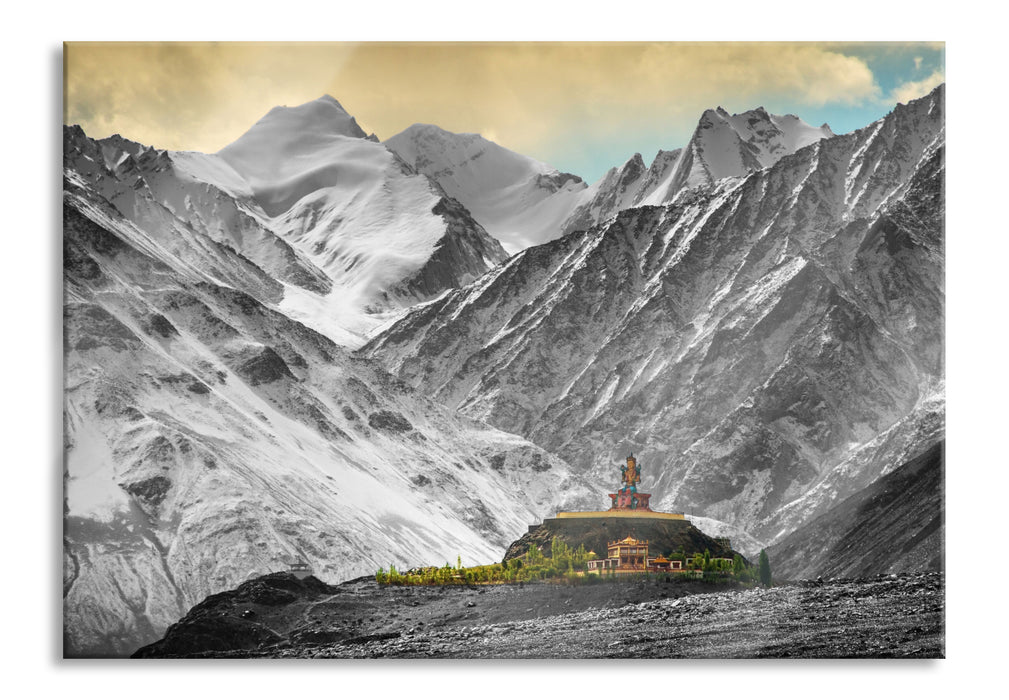 Pixxprint Tempel in den Bergen von Tibet, Glasbild