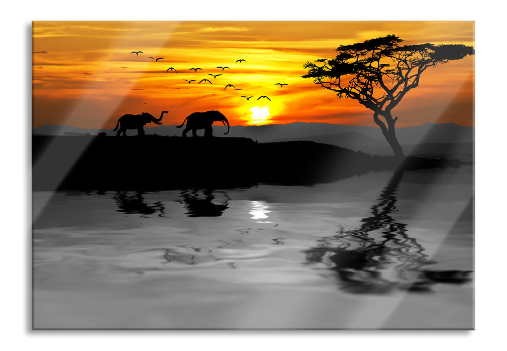 Afrikanische Steppe mit Elefanten, Glasbild