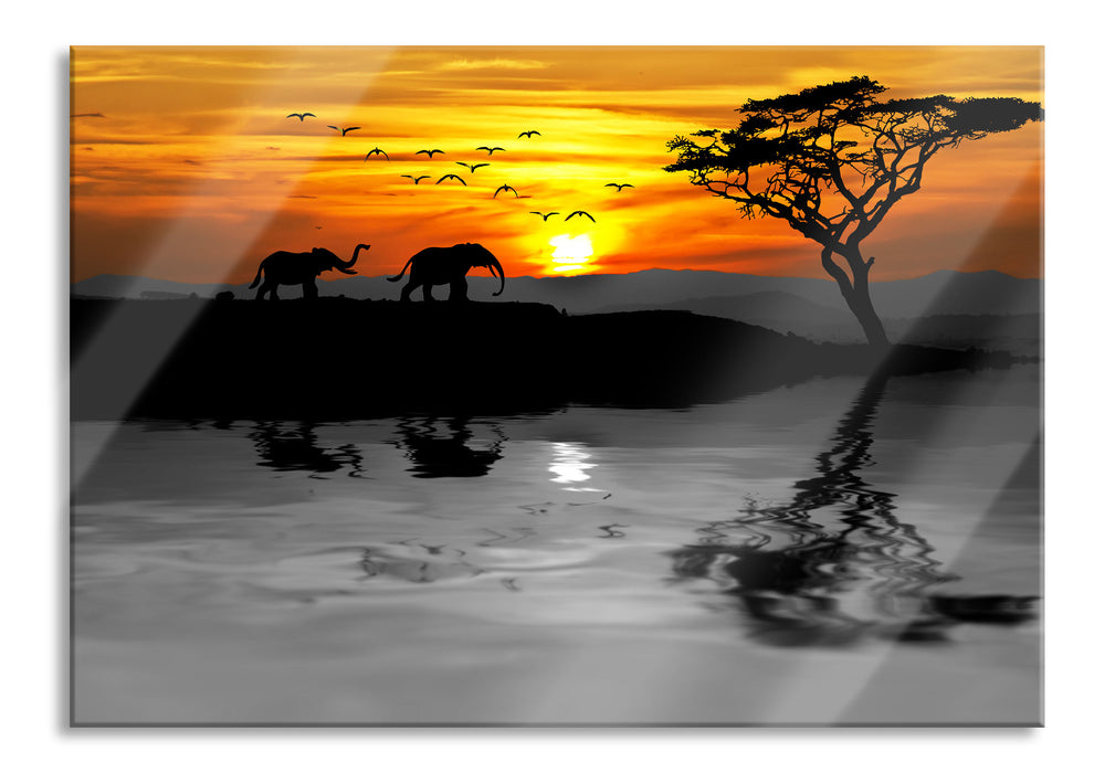 Pixxprint Afrikanische Steppe mit Elefanten, Glasbild