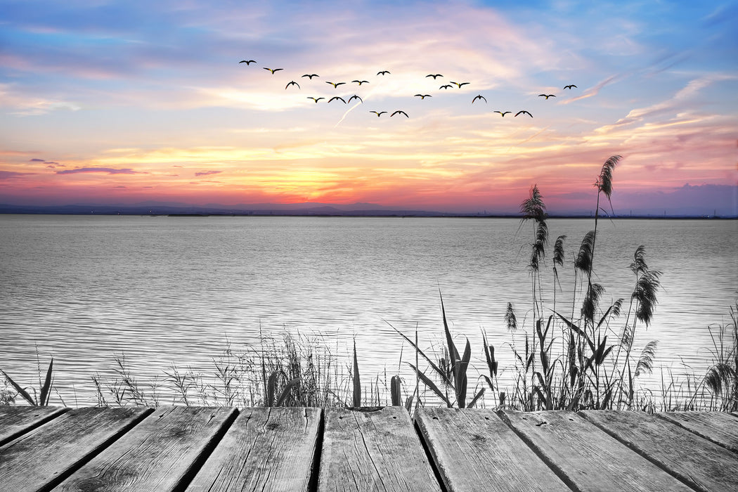 Steg mit Ausblick auf das Meer, Glasbild