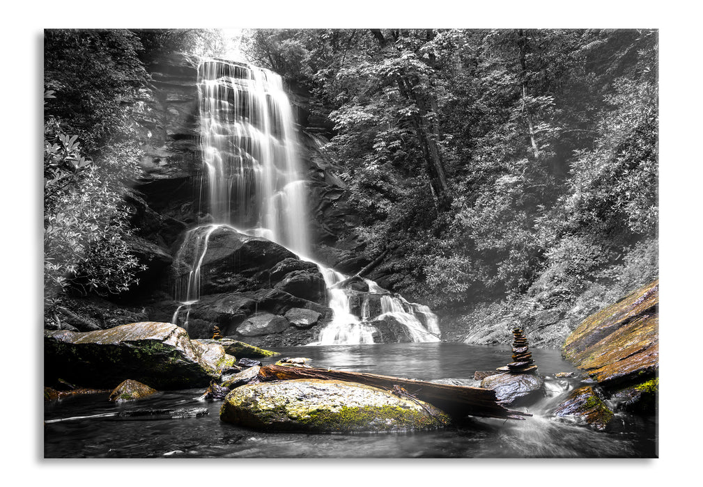 Pixxprint schöner Wasserfall mit Steinturm, Glasbild