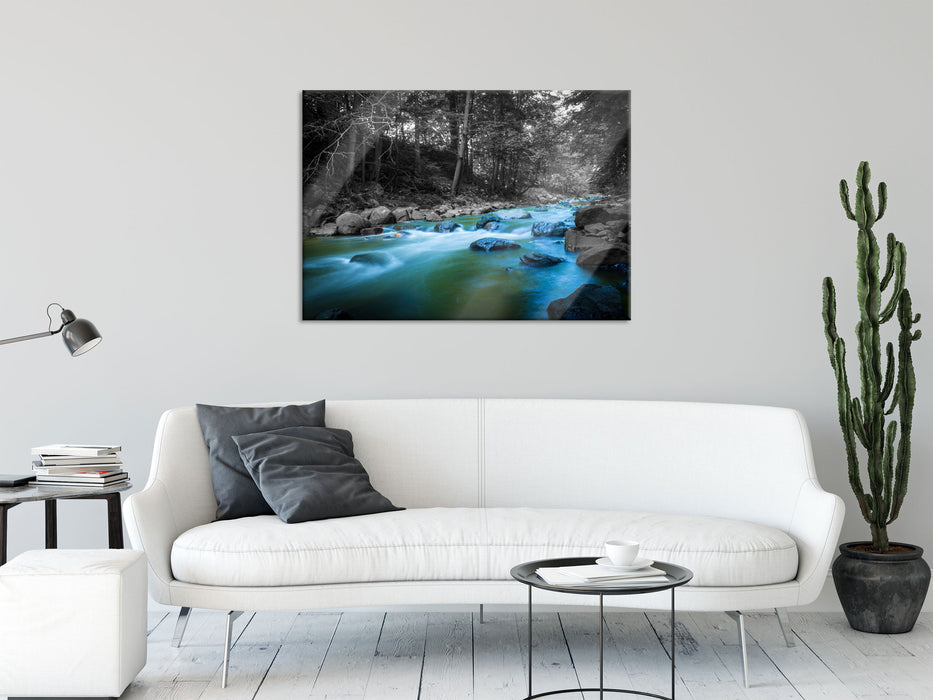 Fluss im Wald mit Steinen, Glasbild