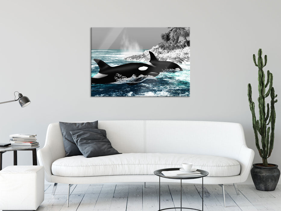 schöne Orcas vor Insel, Glasbild