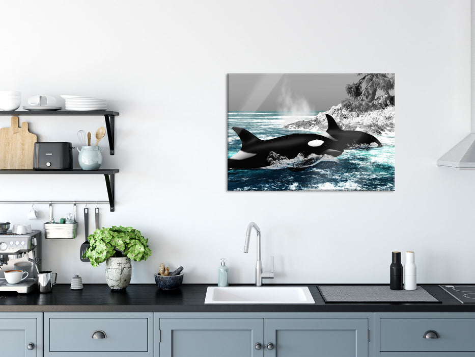 schöne Orcas vor Insel, Glasbild