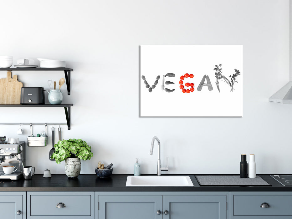 Schriftzug Vegan Gemüse, Glasbild