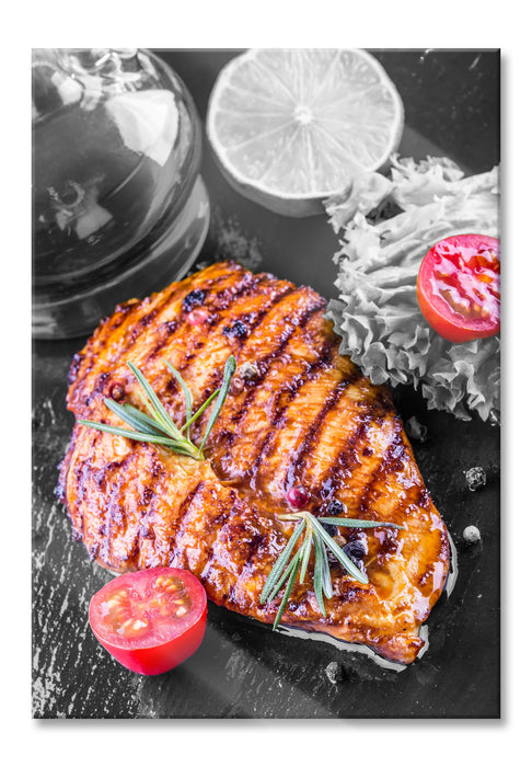 Pixxprint Saftiges Steak mit Tomaten, Glasbild