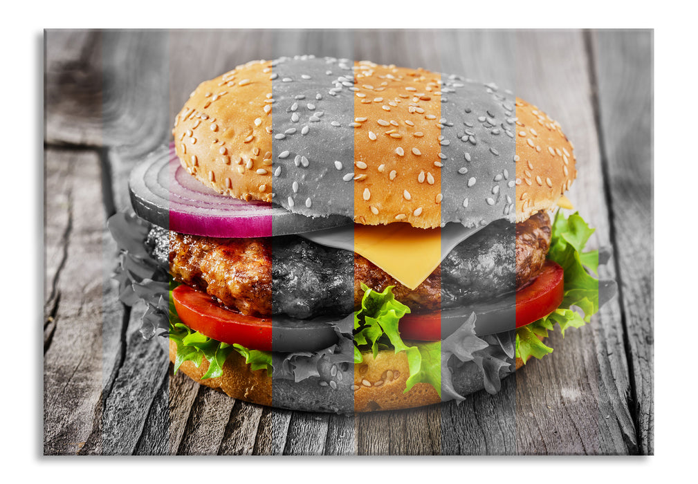 Pixxprint Saftiger Cheeseburger, Glasbild