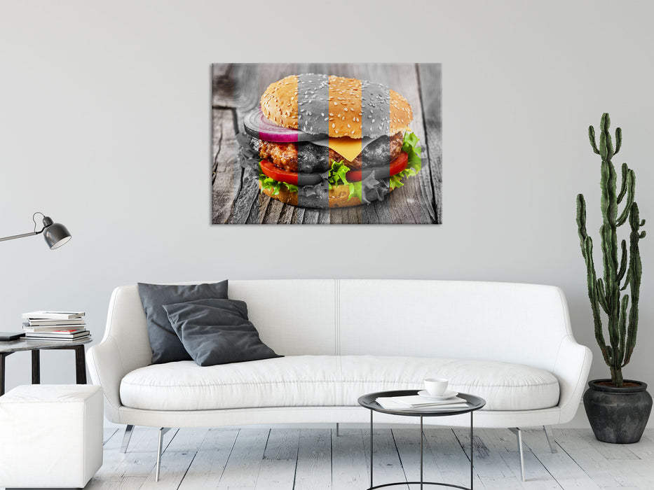 Saftiger Cheeseburger, Glasbild