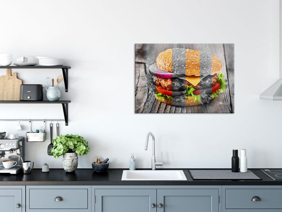 Saftiger Cheeseburger, Glasbild