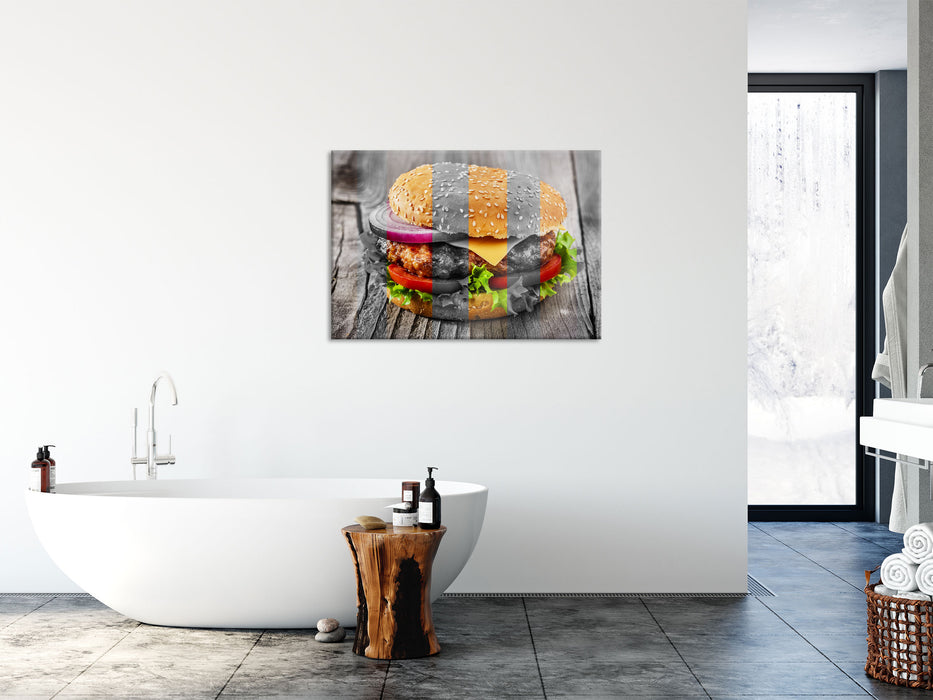 Saftiger Cheeseburger, Glasbild