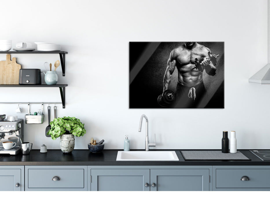 Trainierender Bodybuilder, Glasbild