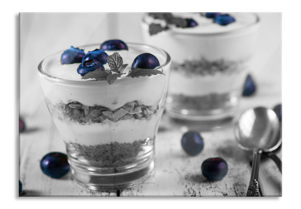 Pixxprint Blaubeerjoghurt mit Müsli, Glasbild