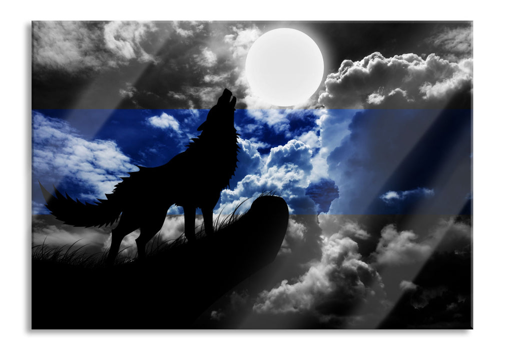 Pixxprint Wolf Silhouette im Vollmond, Glasbild