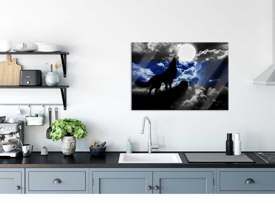 Wolf Silhouette im Vollmond, Glasbild