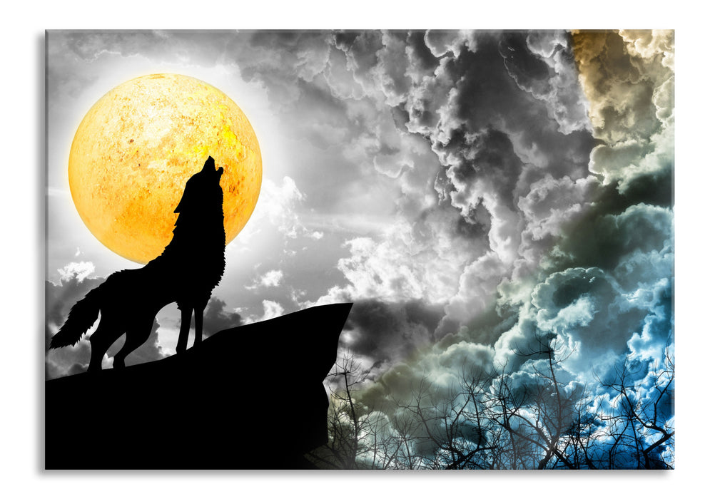 Pixxprint Mystischer Wolf im Vollmond, Glasbild