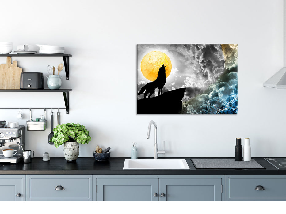 Mystischer Wolf im Vollmond, Glasbild