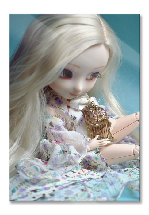 Pixxprint blonde Pullip-Puppe mit Vogelkäfig, Glasbild