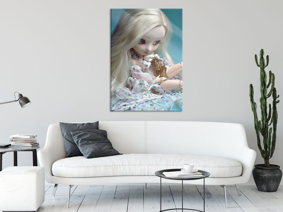 blonde Pullip-Puppe mit Vogelkäfig, Glasbild