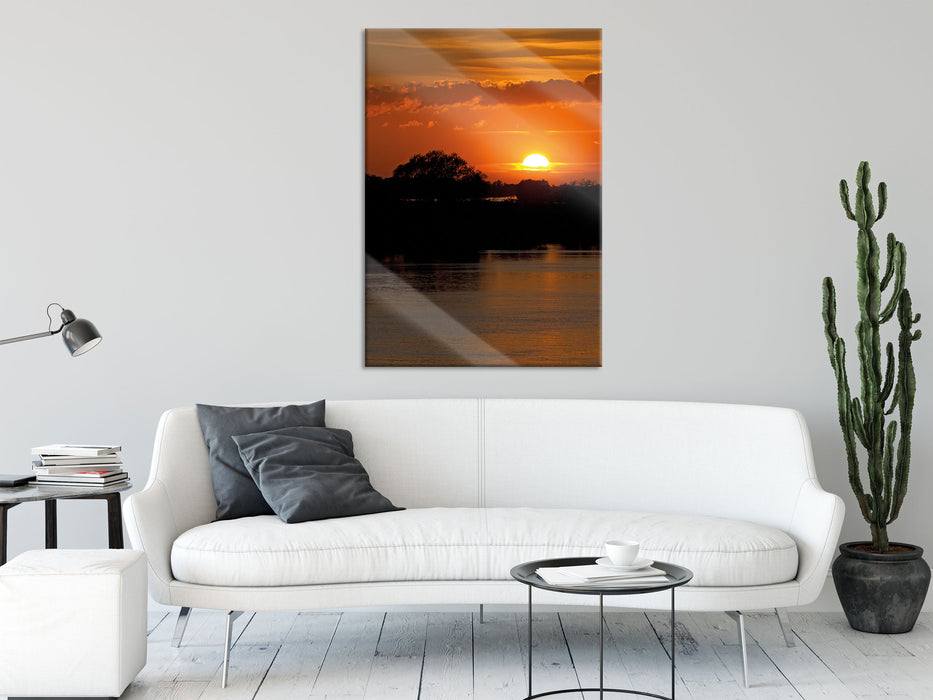 Sonnenuntergang über Fluss, Glasbild