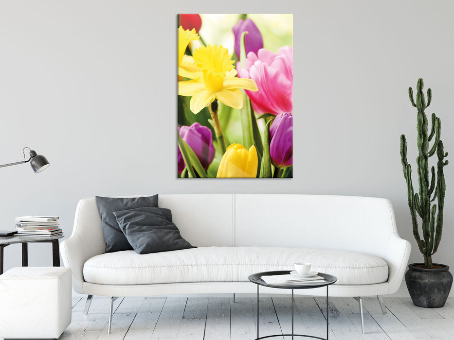 Osterglocken und Tulpen, Glasbild