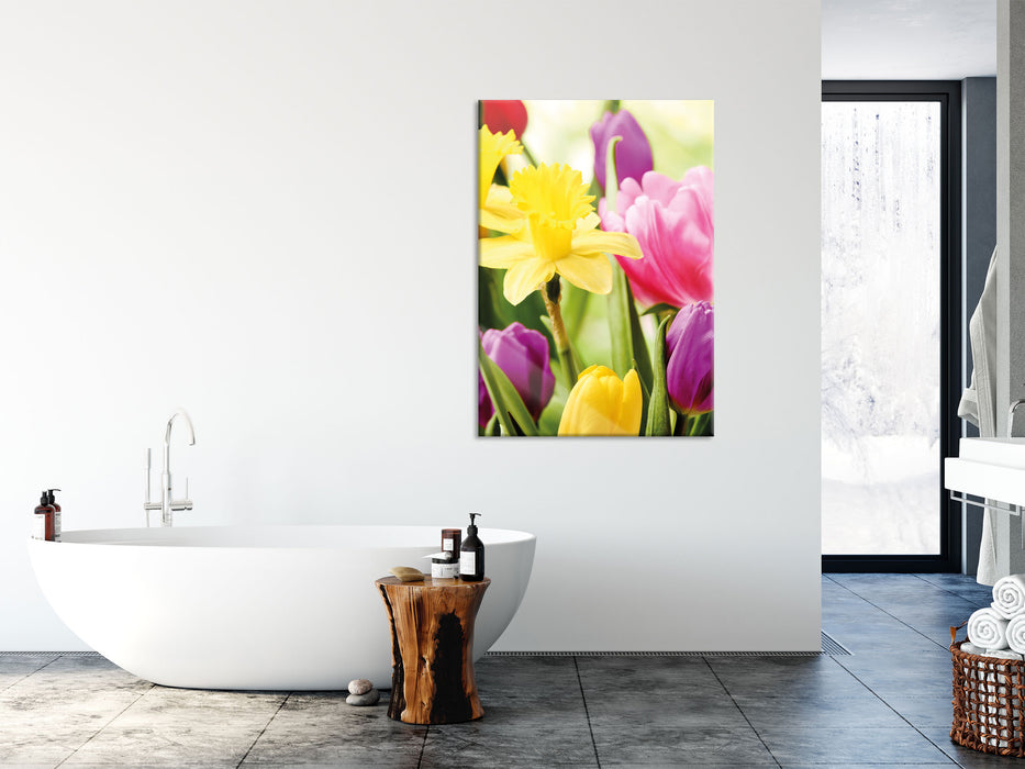 Osterglocken und Tulpen, Glasbild