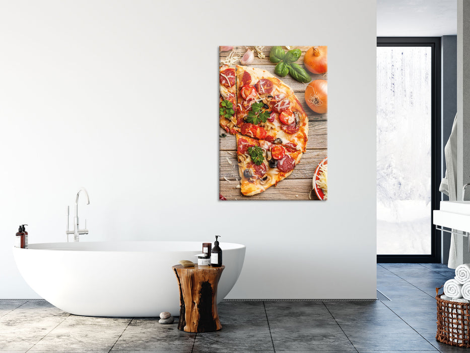 Pizza Italia auf Holztisch, Glasbild