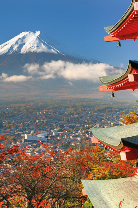 Tempel am Fudschijama Japan, Glasbild