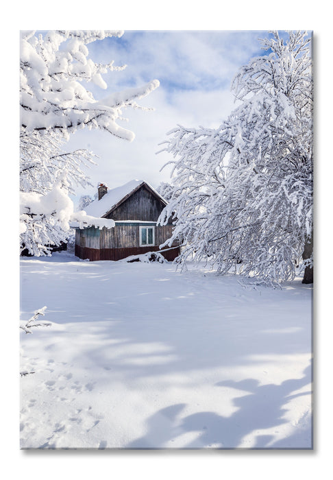 Winterlandschaft mit Hütte, Glasbild