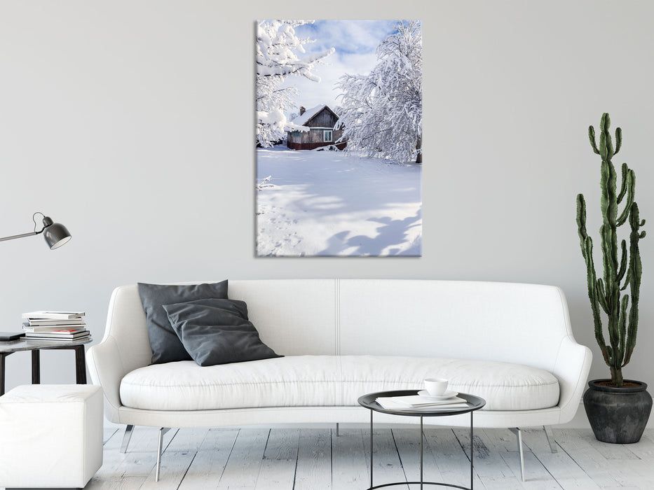 Winterlandschaft mit Hütte, Glasbild