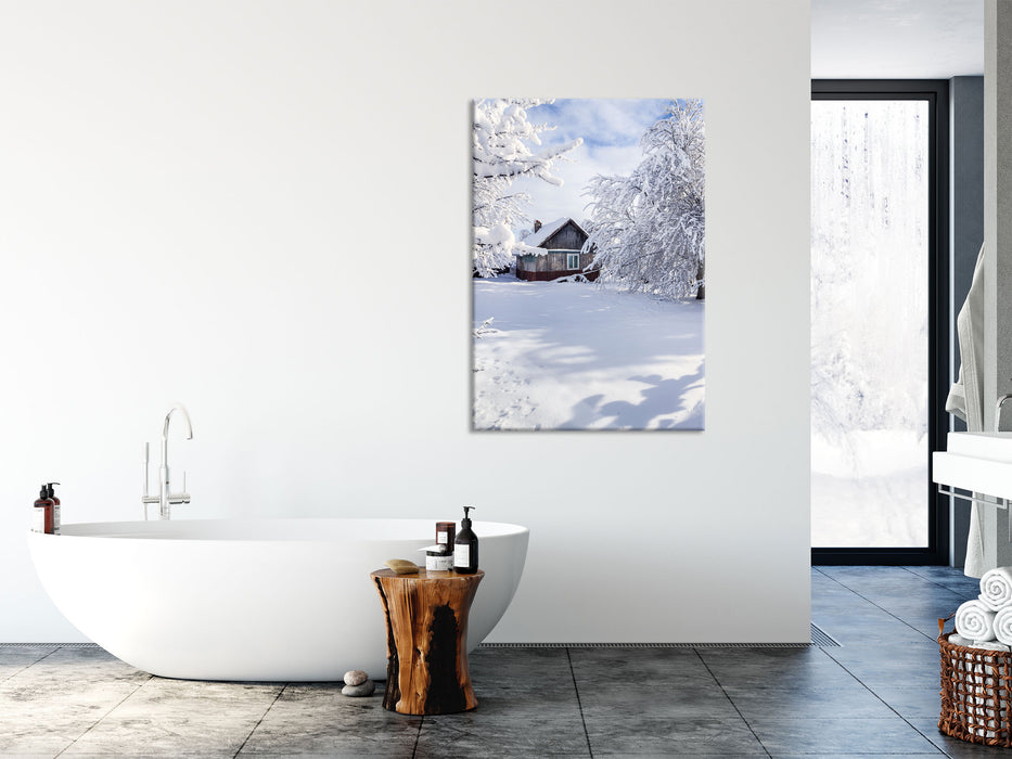 Winterlandschaft mit Hütte, Glasbild