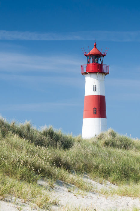 Leuchtturm hinter Dünen, Glasbild