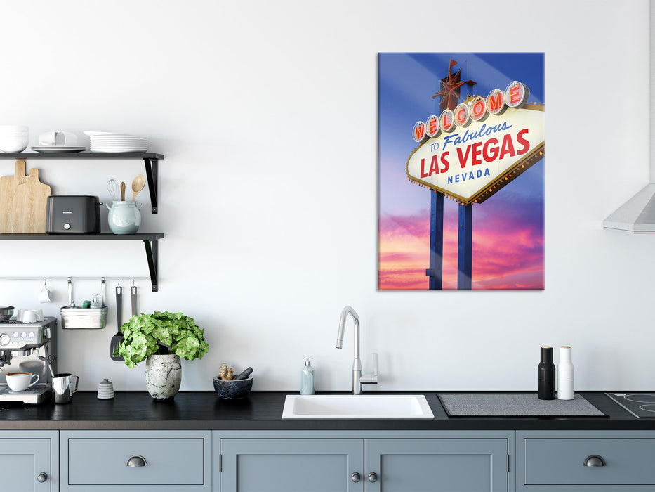 Las Vegas Schild in der Dämmerung, Glasbild