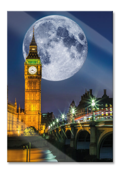 Pixxprint Big Ben vor Mond in London, Glasbild