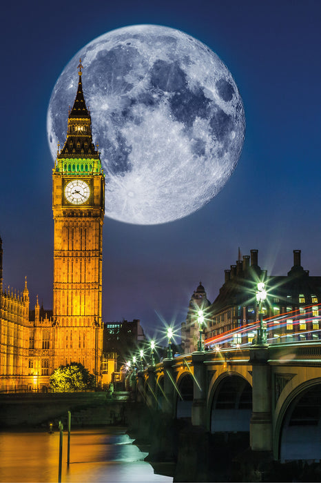 Big Ben vor Mond in London, Glasbild