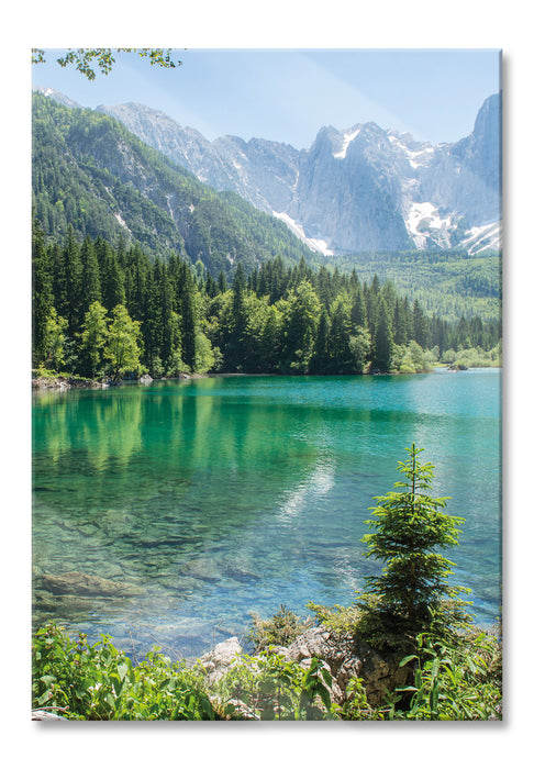 Bergsee mit Wald, Glasbild