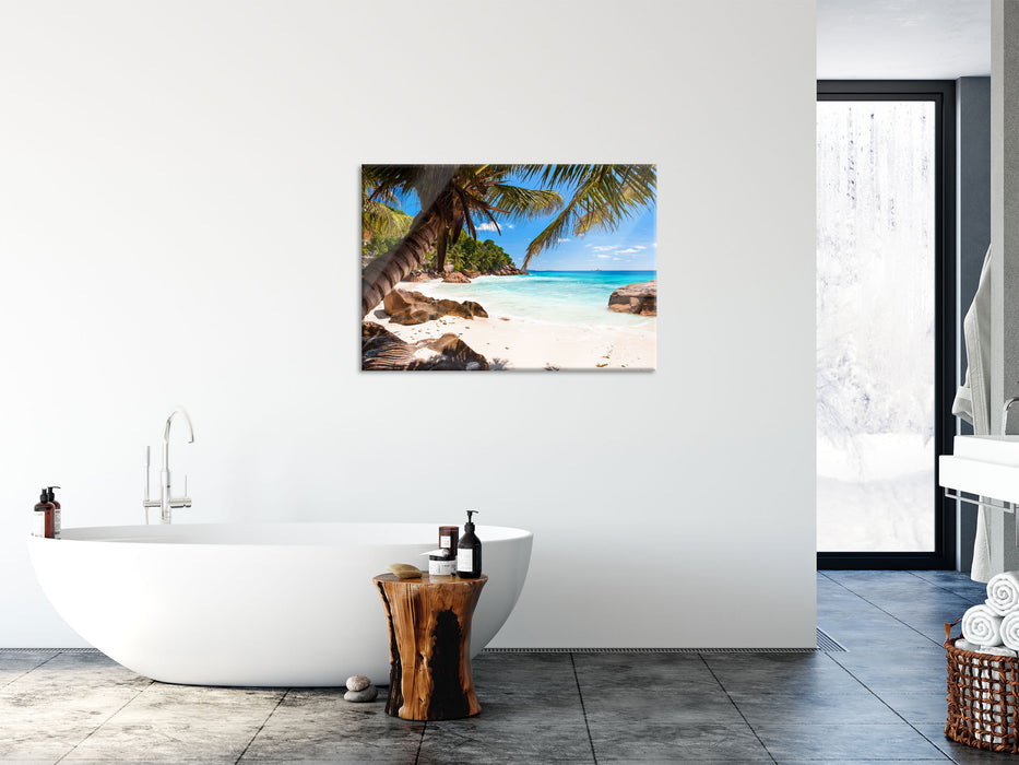 Palmenstrand Seychellen, Glasbild