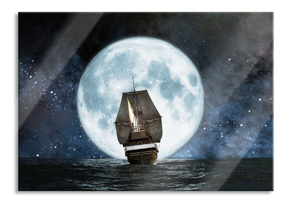 Segelschiff bei Vollmond, Glasbild