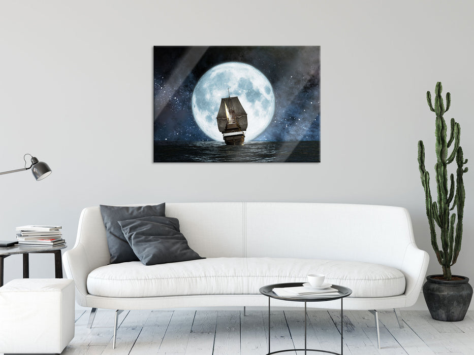 Segelschiff bei Vollmond, Glasbild