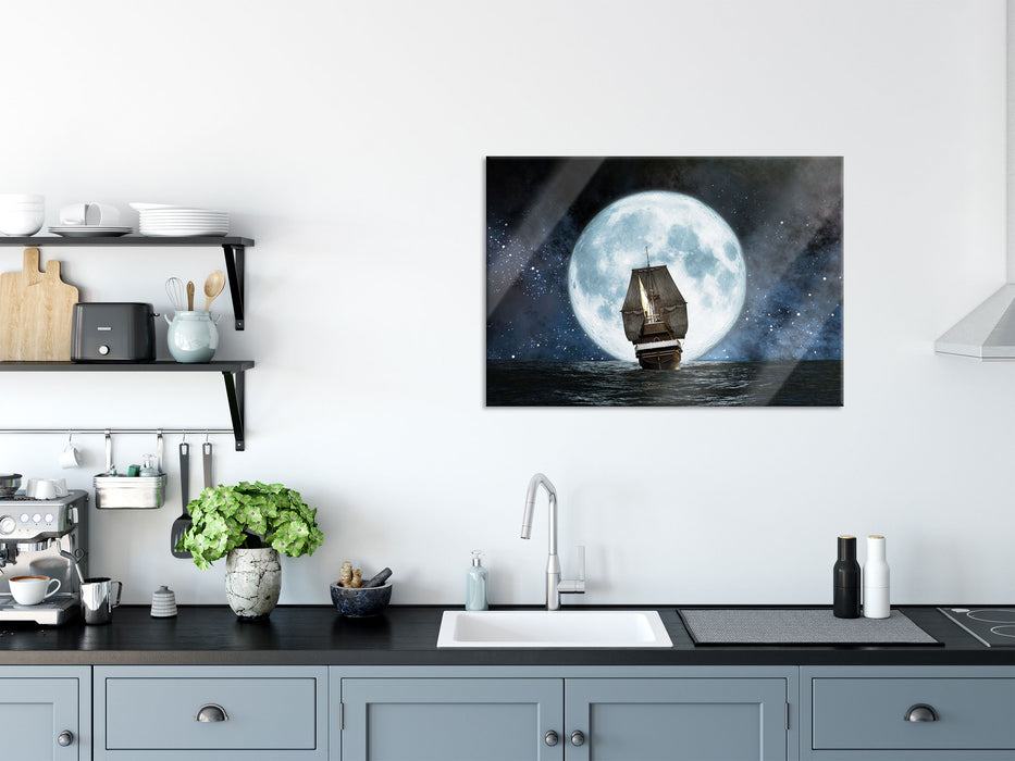 Segelschiff bei Vollmond, Glasbild